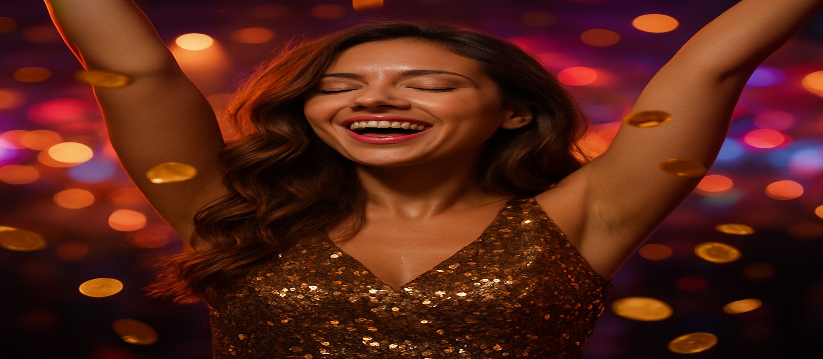 এভিয়েটর গেমে জয়ের আনন্দে উচ্ছ্বাসিত এক নারী, চারপাশে উড়ছে স্বর্ণমুদ্রা—456bed