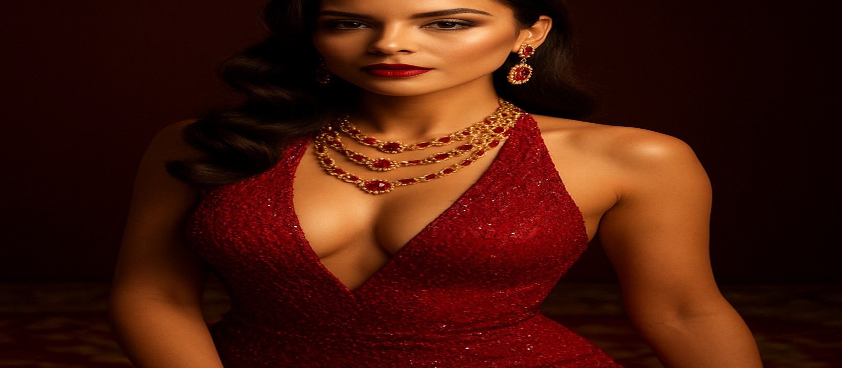 456bed গেমিং প্ল্যাটফর্মে টেবিলে লাল পোশাকে সজ্জিত একজন নারী ডিলার