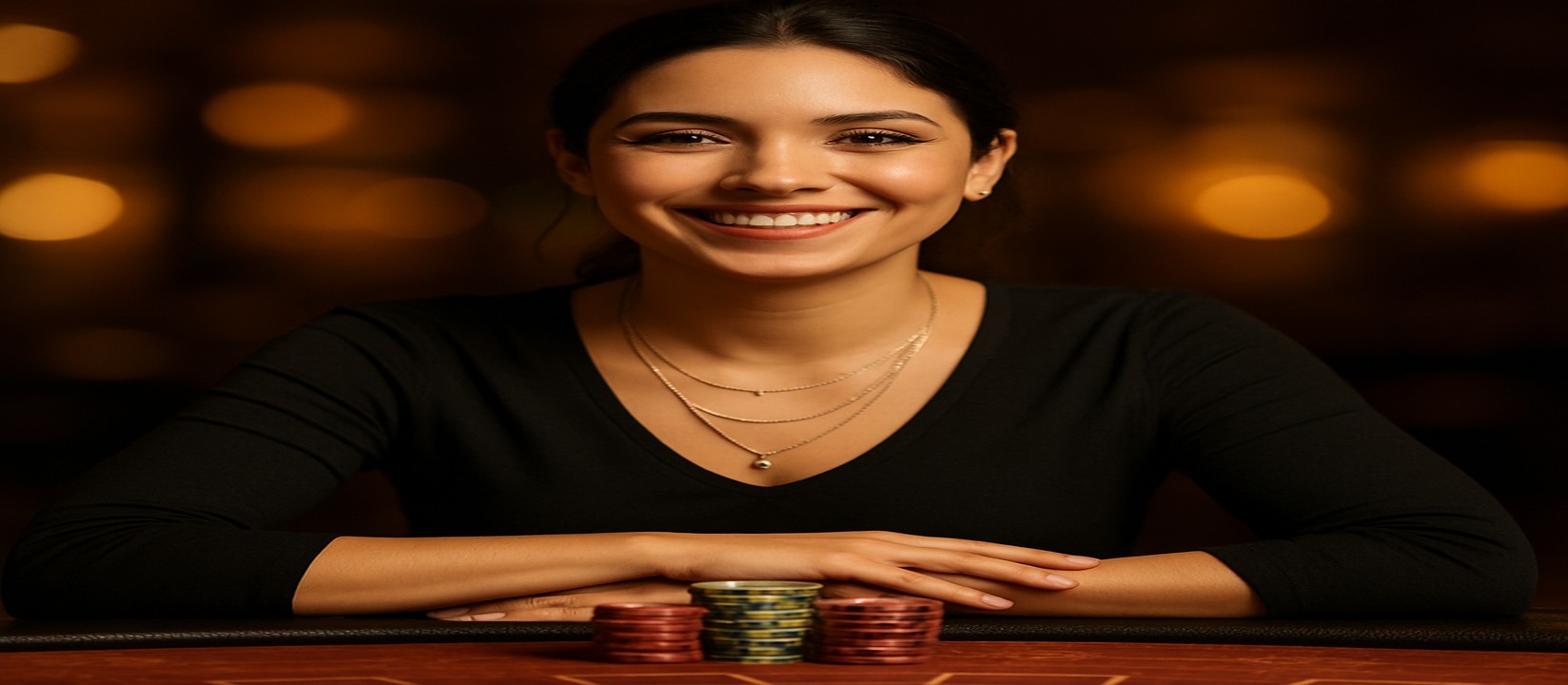 456bed এ একটি হাসিখুশি মেয়ে ডিলার গেমিং প্ল্যাটফর্মের কার্ড টেবলে বসে সামনে চিপস ও কার্ড রেখে বিস্তৃত গেমের নির্বাচন প্রস্তাব করেন।