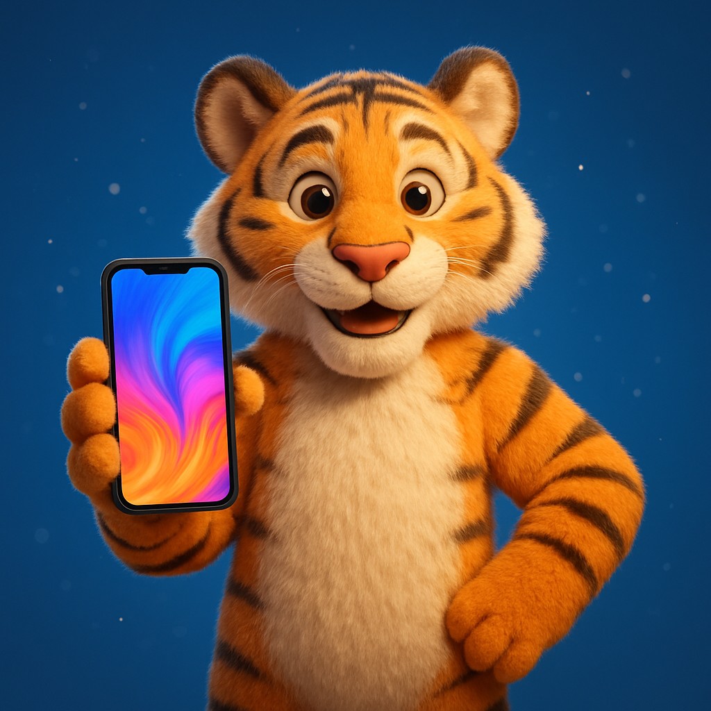 একটি কার্টুন বাঘশাবক স্মার্টফোনে 456bed অ্যাপটি ব্যবহার করছে।