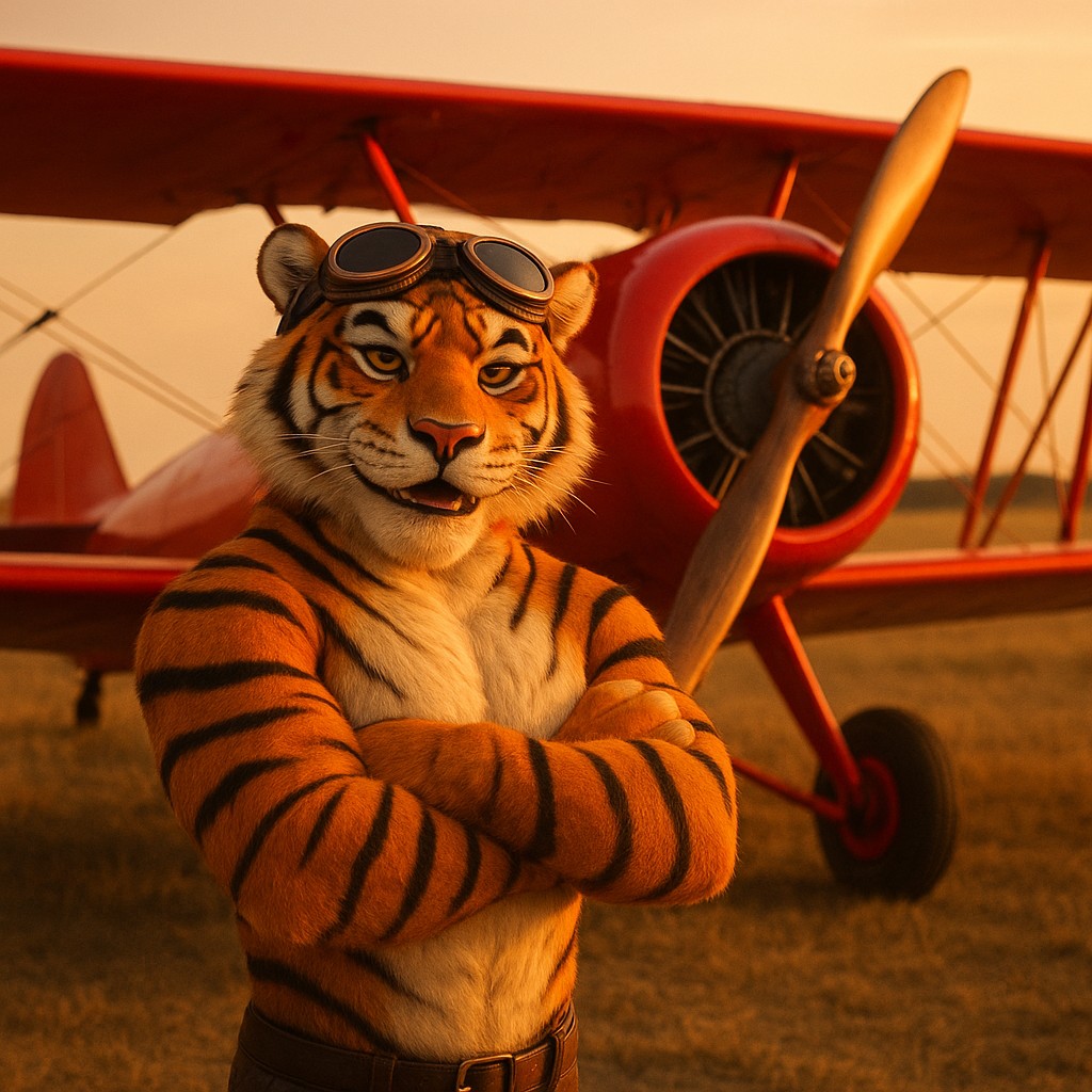 এভিয়েটর গেমের প্রতীক হিসেবে লাল বিমানটির পাশে দাঁড়ানো একটি টাইগার পাইলট (456bed)