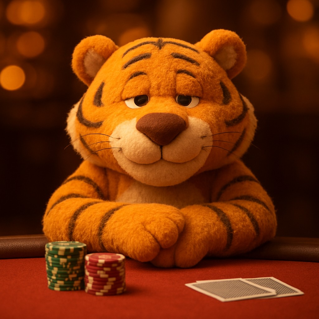 456bed গেমিং প্ল্যাটফর্মে চিপস নিয়ে বসে থাকা হাসিখুশি টাইগার শাবক