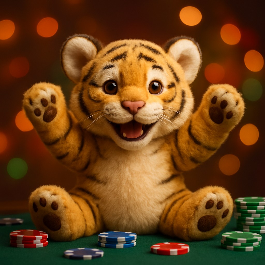 456bed এ একটি ছোট বাঘের বাচ্চা টেবিলে চিপসসহ বসে আছে।