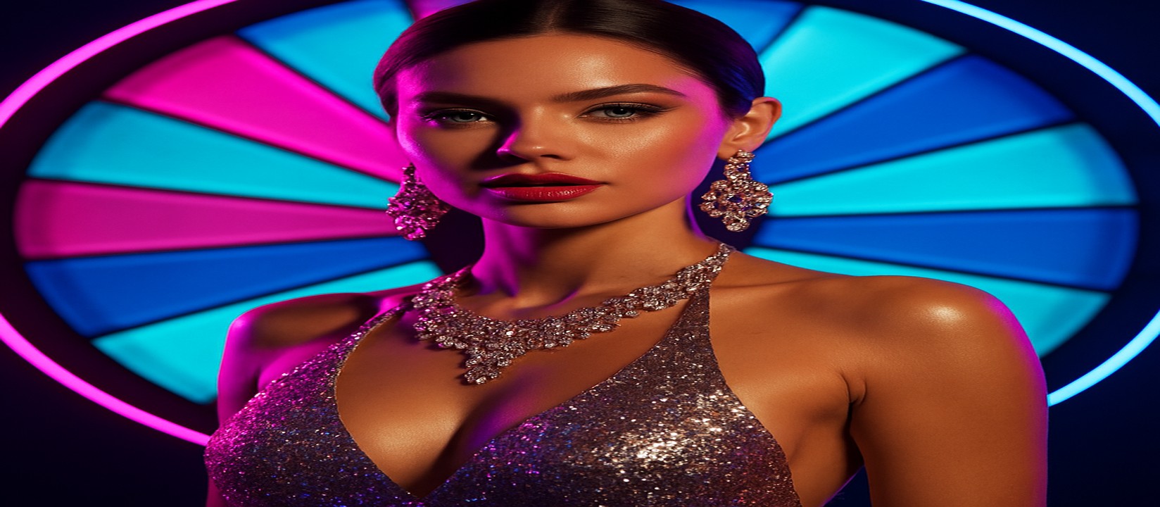 চাকার সামনে উজ্জ্বল পোশাকে এক নারী, 456bed-এর রঙিন গেমিং প্ল্যাটফর্ম