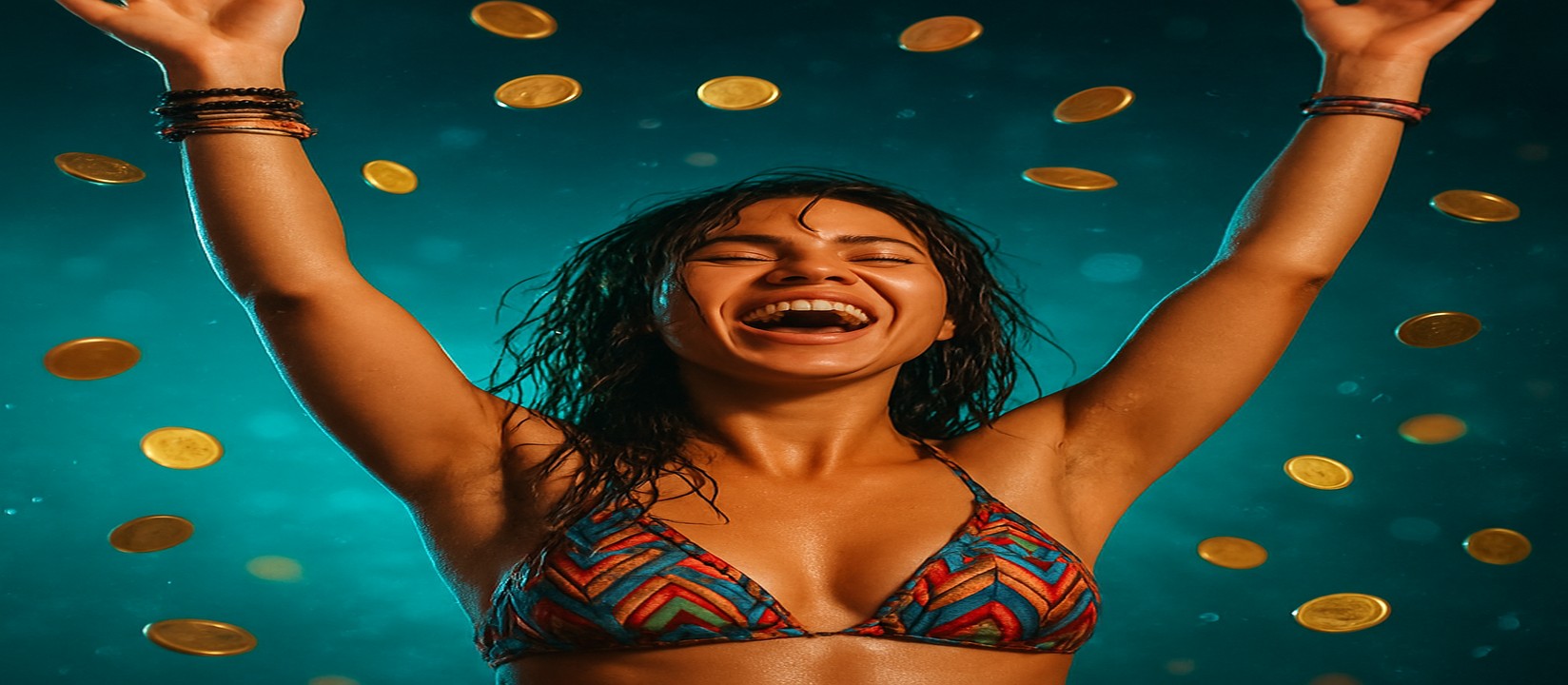 মুদ্রার ঝরনার মাঝে রঙিন পোশাকে এক নারী, 456bed