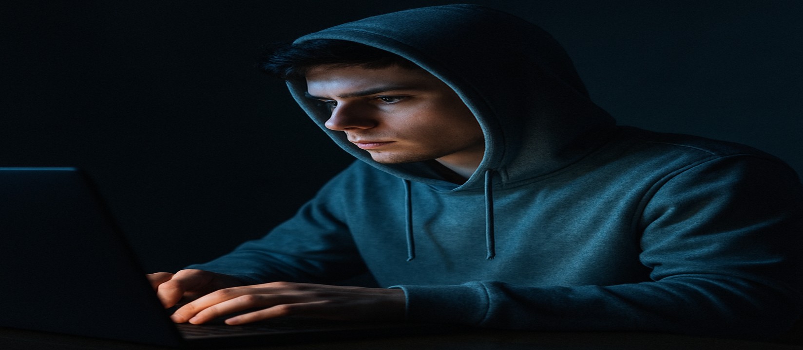 একজন ব্যক্তি অন্ধকার ঘরে ল্যাপটপে মনোযোগ সহকারে 456bed ওয়েবসাইটে অনলাইন গেম খেলছেন